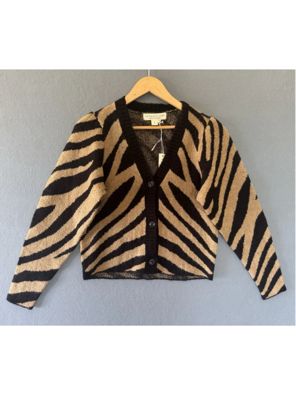 Saltwater Luxe Zebra Print Cardigan Sweater Small Camel Black Rare NWT - Picture 5 of 12